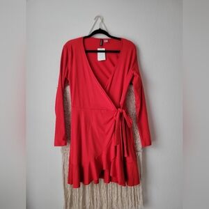 NEW H&M DEEP RED RUFFLE WRAP MINI DRESS SIZE 8 STRETCH